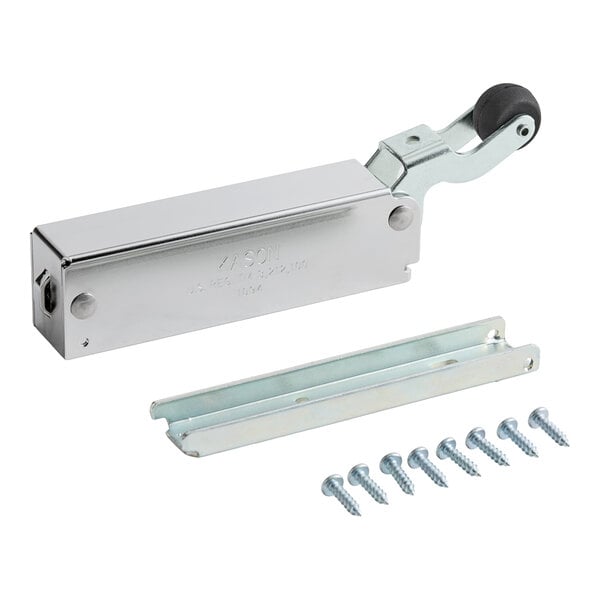 A metallic door closer mechanism with a roller, a mounting bracket, and several screws arranged on a white background.