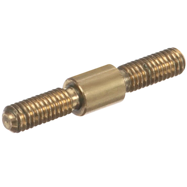 A close-up of a brass threaded rod with a nut.