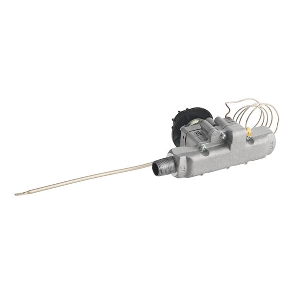 A metal thermostat component with attached wiring and a long probe, designed for temperature regulation in equipment.