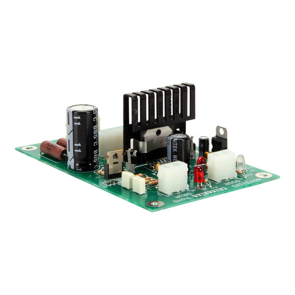 A green circuit board with black and white components.