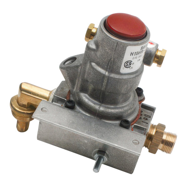 An Imperial 1110-1 oven safety valve with a red button and brass handle.