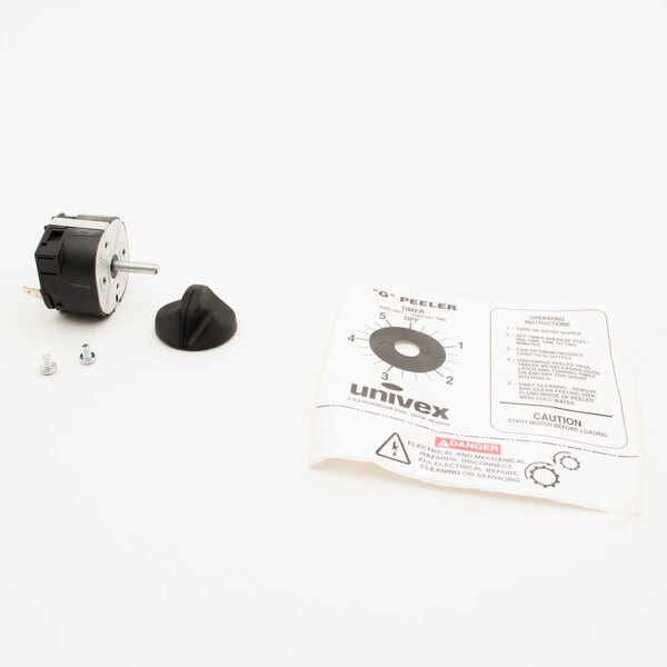 A black and silver Univex timer assembly with screws.