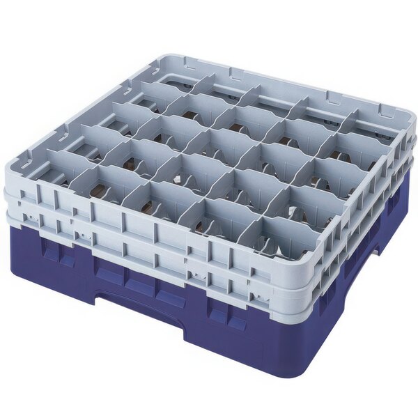 A navy blue plastic Cambro glass rack with many compartments.