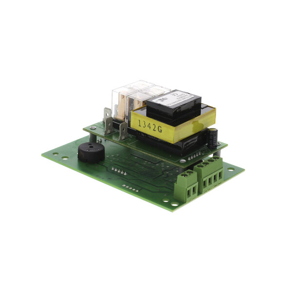 A green Duke K1000 controller circuit board with a yellow and black rectangular object with black text.