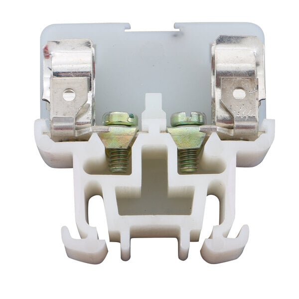 A white plastic Blakeslee fuse clip with metal screws.