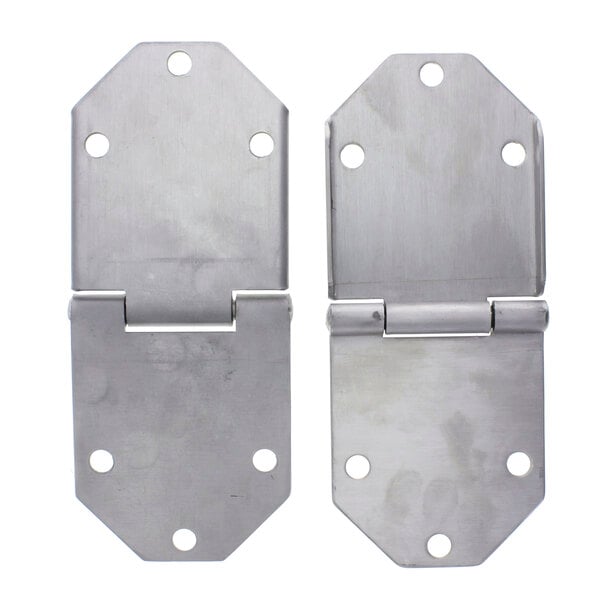 A pair of Carter-Hoffmann stainless steel hinges with holes in them.