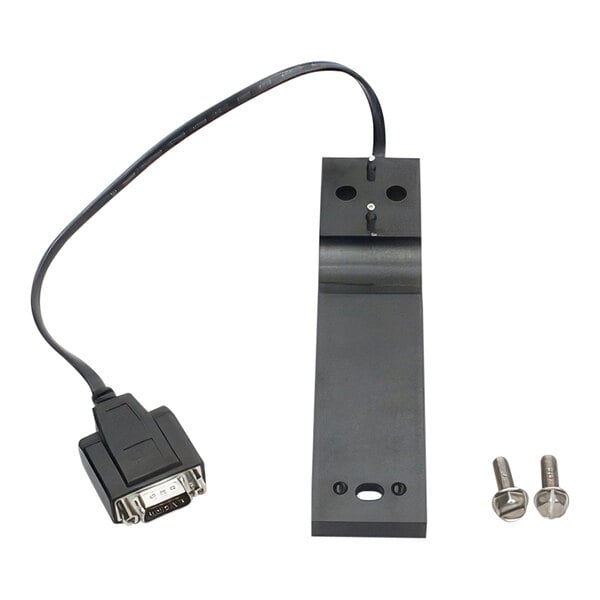 A black rectangular device with a black cable and screws.