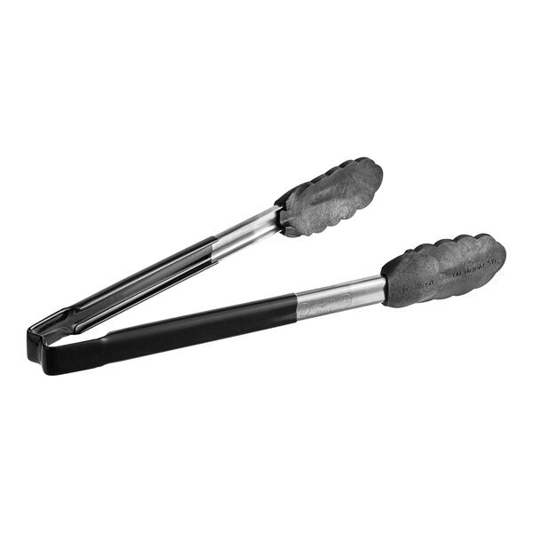 Vollrath Jacob's Pride tongs with black handles.