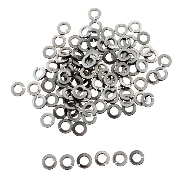 A pile of Cornelius metal washers on a white background.