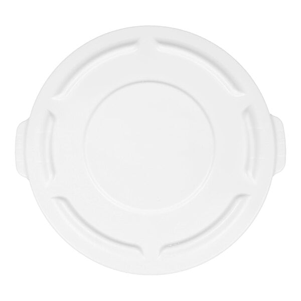 A white plastic lid for a Rubbermaid Brute 55 gallon trash can with handles.