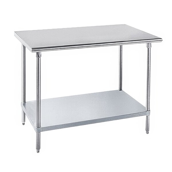 An Advance Tabco stainless steel work table with shelf.