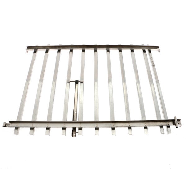 A metal frame with 10 metal bars on it.