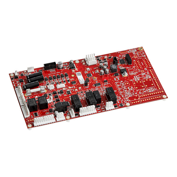 A red Pitco PCB with many different electronic components.