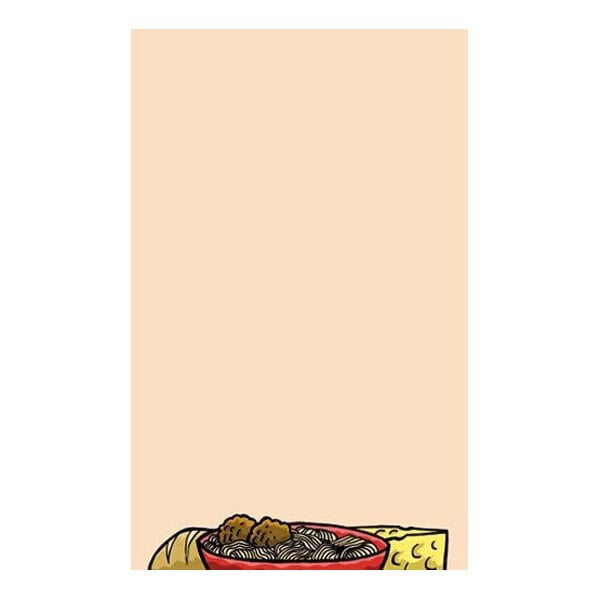 A beige sheet with a cartoon illustration of a bowl of pasta, bread, and cheese at the bottom edge.
