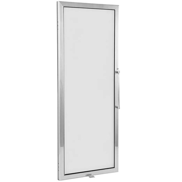 A white rectangular glass door with a silver handle.