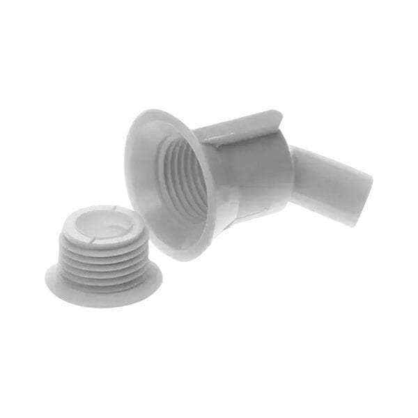 A white plastic Master-Bilt drain flange with adapter.