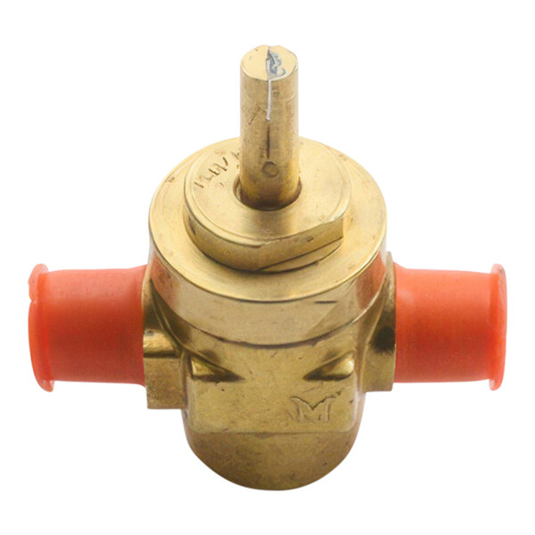 A close-up of a brass Southbend burner valve with orange plastic fittings.