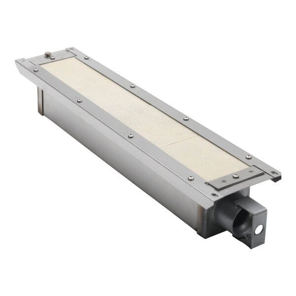 A metal rectangular infrared burner with a white mesh.
