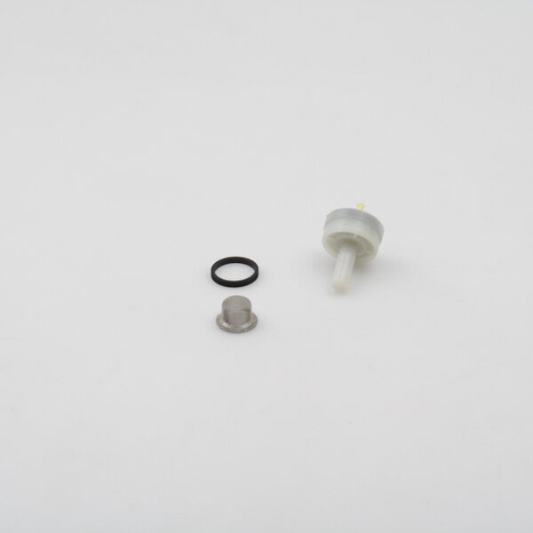 A white plastic water valve with a round metal ring.