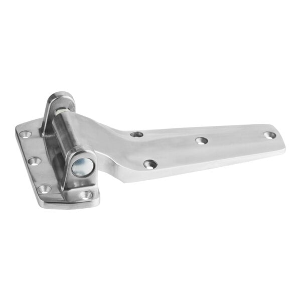 A stainless steel cam lift hinge with multiple screw holes for mounting.