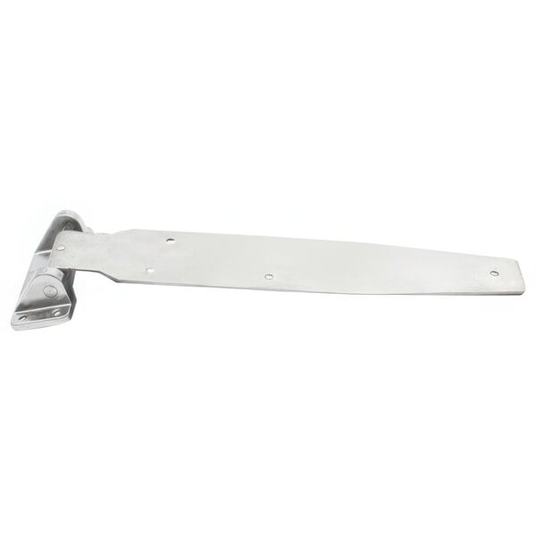 A metal Kason hinge with a hole in the middle on a white background.