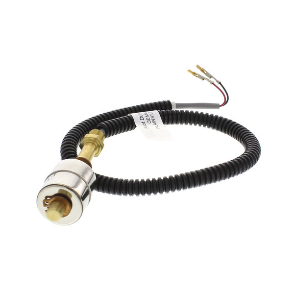 A black and white cable with a silver connector and a wire.