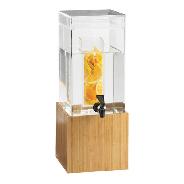 A rectangular bamboo-based beverage infusion dispenser with a clear container holding water and orange slices, featuring a spigot for dispensing.