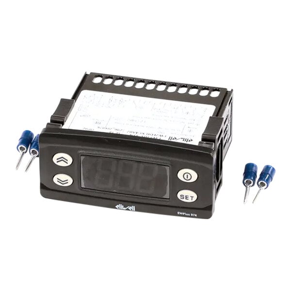 A black Eliwell digital temperature controller with white buttons and two wires.