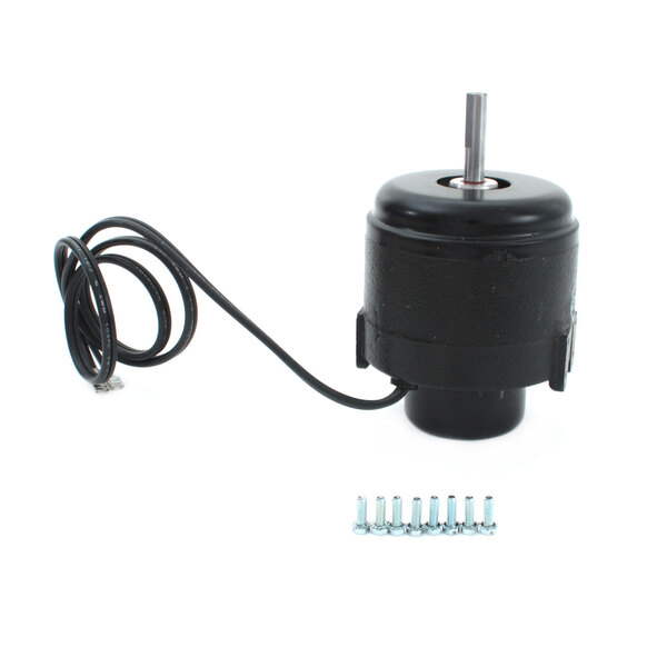 A black electric motor with screws and wires.