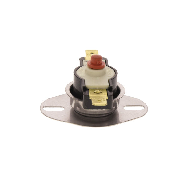 A close-up of a Carter-Hoffmann limit switch with a red button.