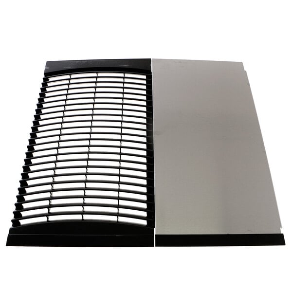 A black and white metal side panel with a black and silver vent.