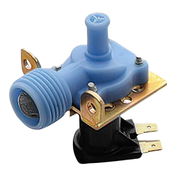 A blue plastic Grindmaster-Cecilware valve with a gold-plated metal holder.