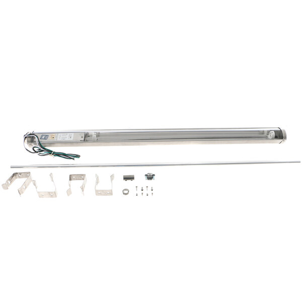 A Kason metal light fixture with wires and a long light.
