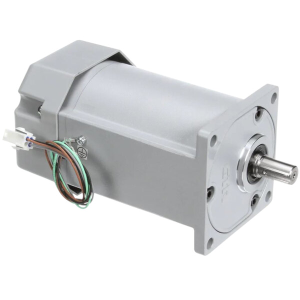 A grey metal Cornelius gearmotor with wires.