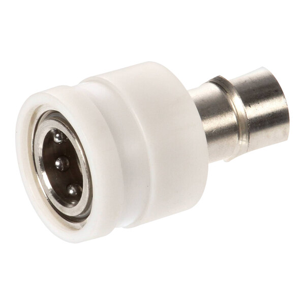 A white plastic quick disconnect with a silver metal end.