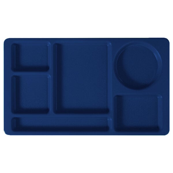 A navy blue rectangular tray with 6 circles.