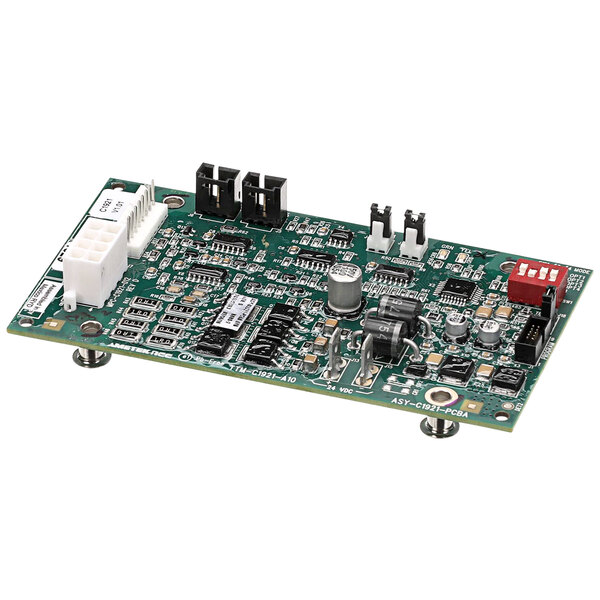 A green circuit board with a red and black device and many different components.