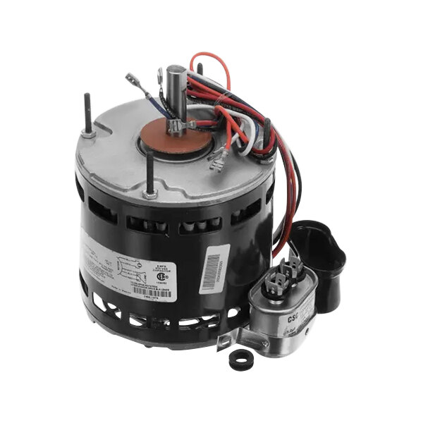 A close-up of a black and red NU-VU motor with wires and a wire harness.