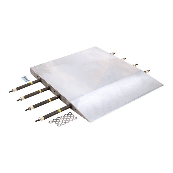 A metal plate with metal rods and rings.