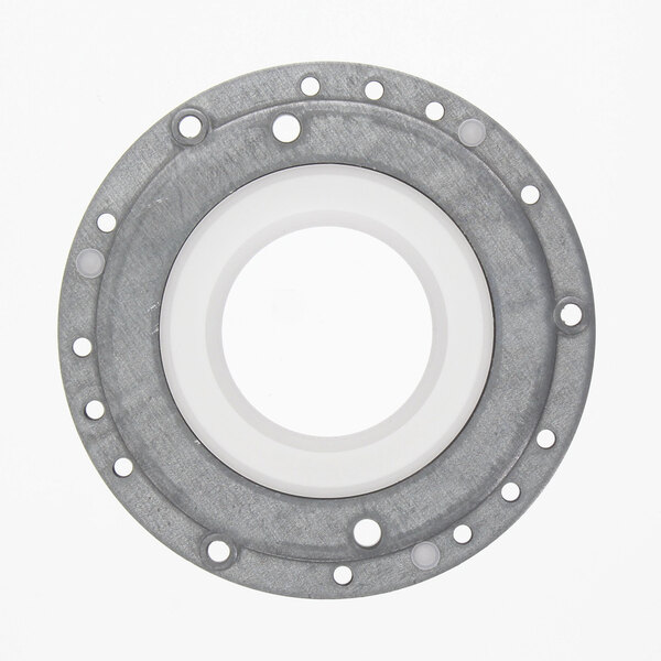 A white circular metal disc with a grey border and holes.