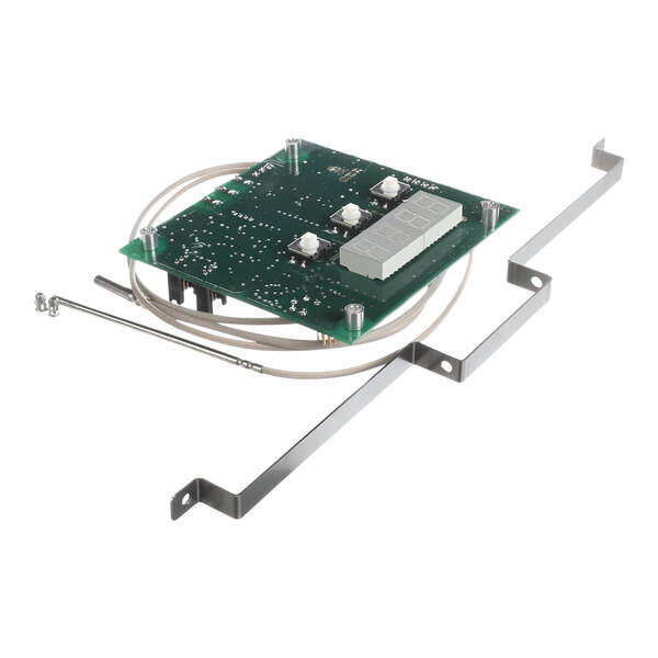 A green circuit board with white buttons and wires.