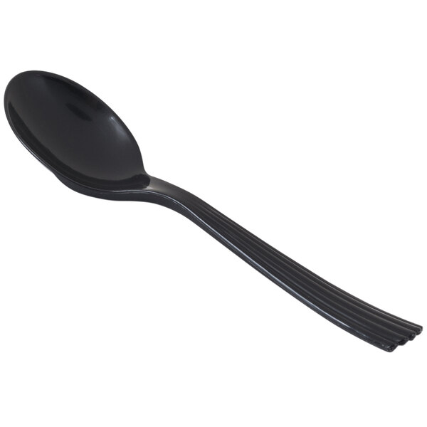 A black plastic spoon with a long curved handle.