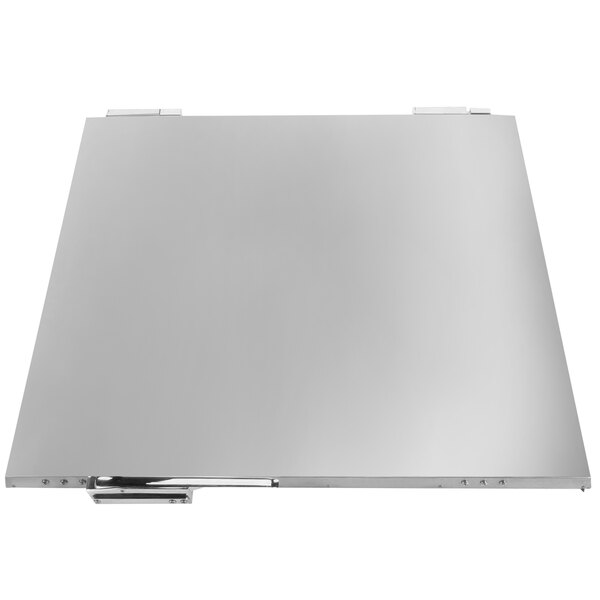 A silver metal rectangular door assembly with a metal frame.