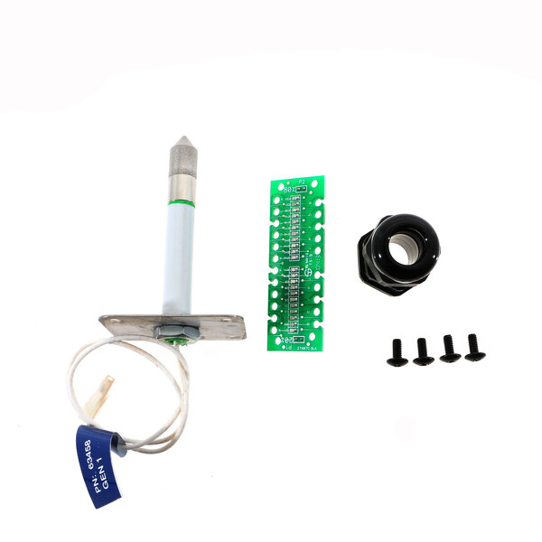 A green circuit board attached to a black round object with a blue tag using a screw.