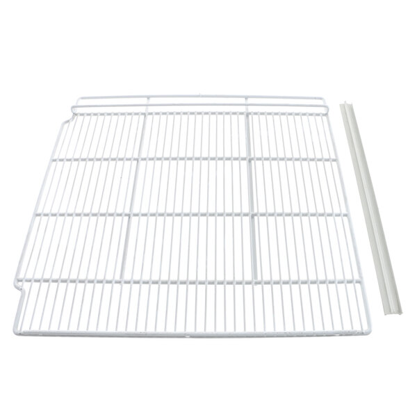 A white wire rack with a white plastic strip.