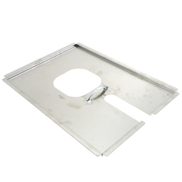 A stainless steel Henny Penny filter pan cover with a hole in it.