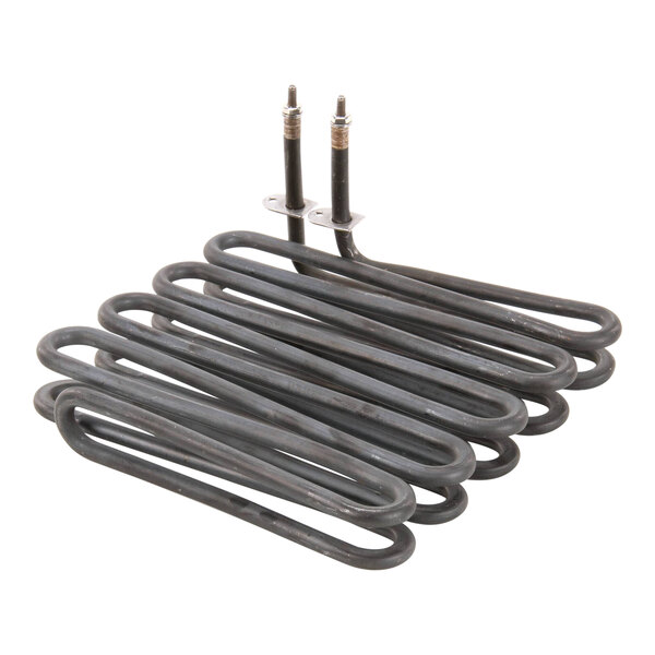 A close-up of a pile of metal rods, including four black metal heating coils.