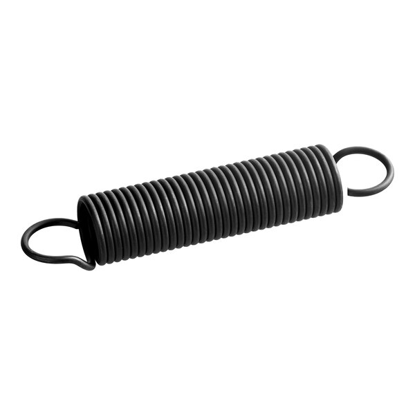 A black coiled metal helper spring with loops on both ends.