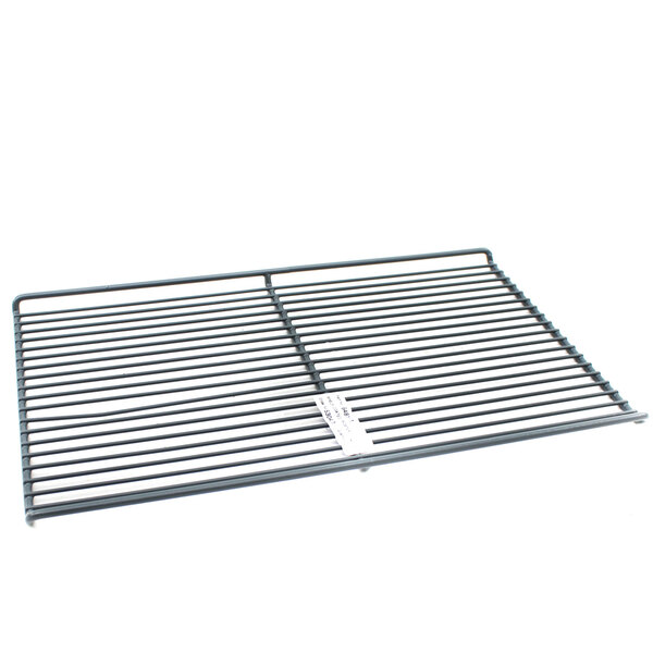 A black metal Perlick shelf with metal bars.