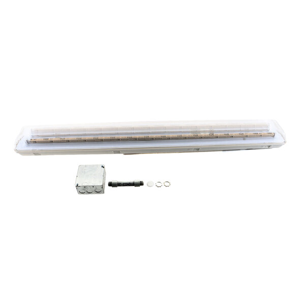 A white plastic Norlake vapor proof light fixture.